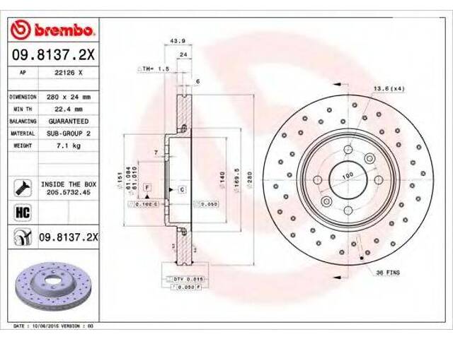 Гальмівний диск BREMBO 0981372X на RENAULT MEGANE II Sport Tourer (KM0/1_)