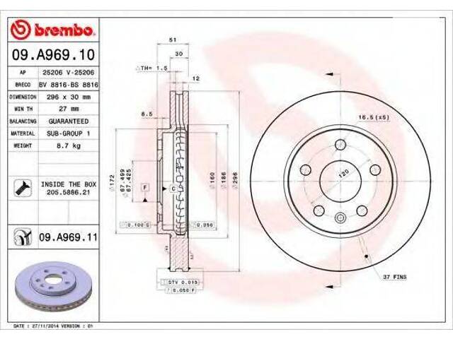 Гальмівний диск BREMBO 09A96910 на SAAB 9-5 (YS3G)