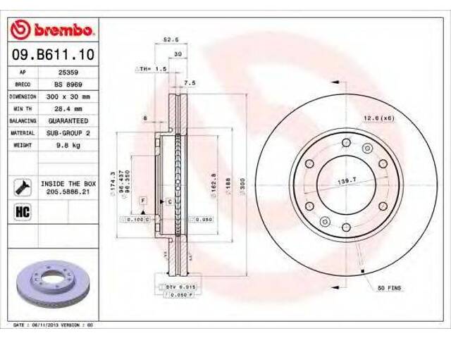 Гальмівний диск пер. H-1 07- (300x53mm)(1штуп) BREMBO 09B61110 на HYUNDAI H-1 / GRAND STAREX автобус (TQ) - Фото 1