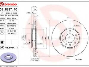 Гальмівний диск пер.зад. Vectra 96- (288x25) BREMBO 09699711 на OPEL CALIBRA A (85_)