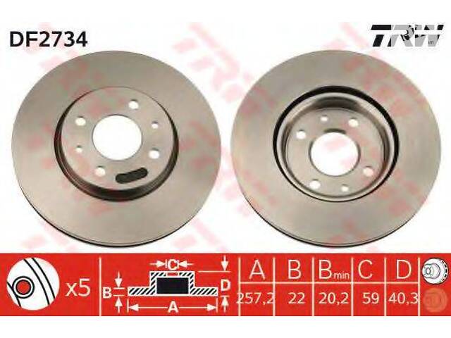 Гальмівний диск перед. Doblo 05-10 (257x22) TRW DF2734 на FIAT PANDA (169)