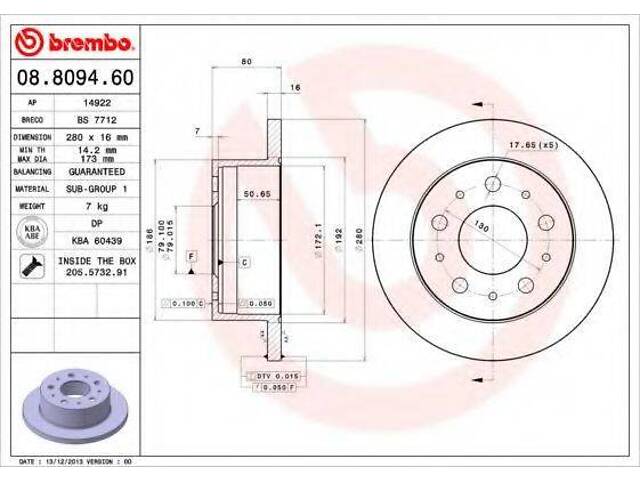Гальмівний диск зад. Jumper IIDucatoBoxer 06- (280x80mm) BREMBO 08809460 на FIAT DUCATO автобус (250, 290) - Фото 1