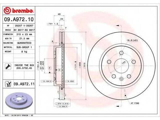 Гальмівний диск зад. Opel Insignia 08- BREMBO 09A97211 на SAAB 9-5 (YS3G) - Фото 1