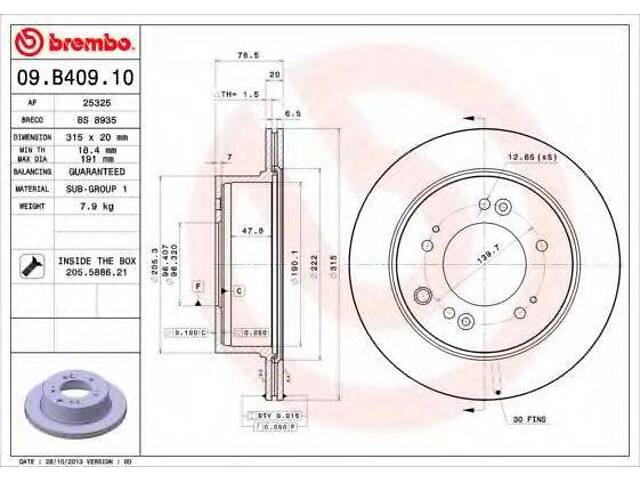 Гальмівний диск зад. Sorento I 02- (315x79mm) BREMBO 09B40910 на KIA SORENTO I (JC) - Фото 1