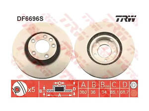 Тормозной диск передний (вентилируемый) Porsche Cayenne 2010-2024 TRW DF6696S