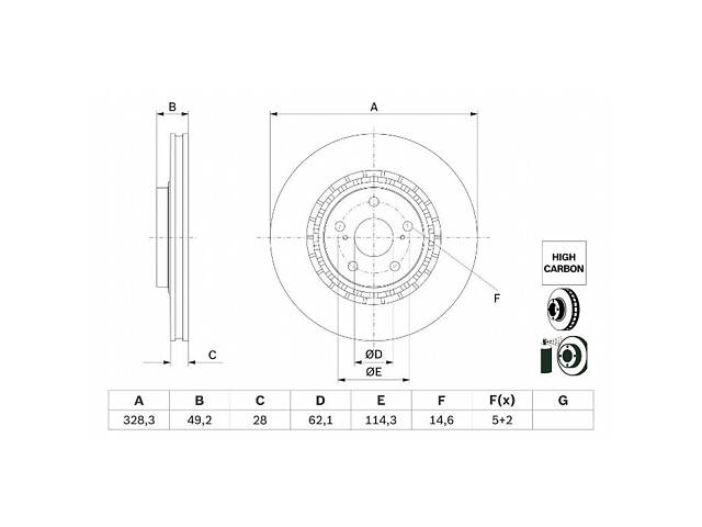 Тормозной диск передний (вентилируемый) Toyota RAV 4 2005-2013 BOSCH 0986479G63 Lexus RX - Фото 1