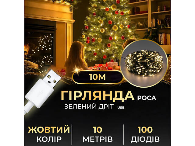 Гірлянда роса 10 метрів USB на 100 led світлодіодів крапля на зеленому дроті
