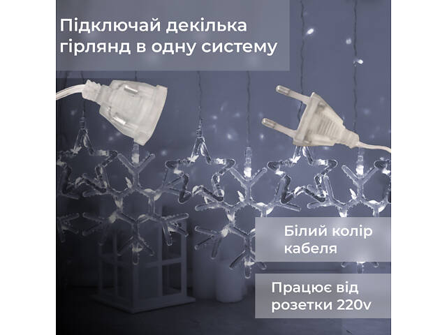 Гирлянда штора 3х0,9 м снежинка звезда на 145 LED лампочек светодиодная 10 шт Белый 1733067W - Фото 3