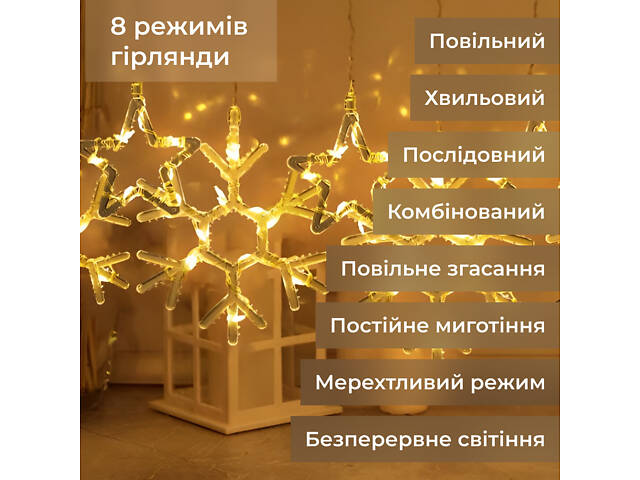 Гирлянда штора 3х0,9 м снежинка звезда на 145 LED лампочек светодиодная 10 шт Желтый 1733068Y - Фото 5