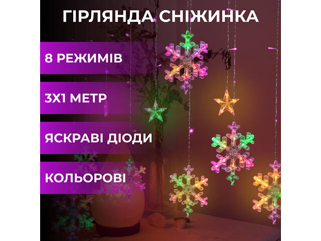 Гирлянда светодиодная штора GarlandoPro снежинка и звезда 12 фигур ED 3х1м гирлянда звезда 1733061ML - Фото 1