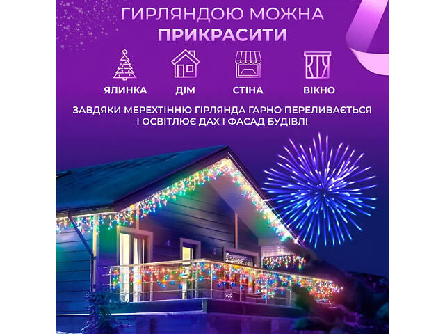Гирлянда уличная светодиодная 90 LED 3 метра белый провод бахрома 18 нитей - Фото 3