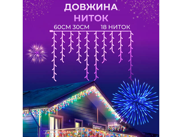 Гирлянда уличная светодиодная 90 LED 3 метра белый провод бахрома 18 нитей - Фото 4