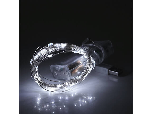 Гирлянды 50LED, 1 режим, 5 метров, прозрачная изоляция, питание от USB+ 2*АА(нет в комплекте), White, BOX - Фото 1