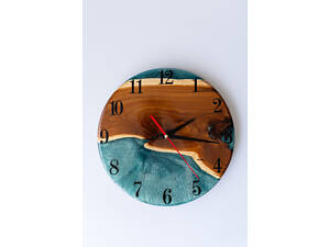 Годинник з дерева та епоксидної смоли ручної роботи Смарагдова Хвиля 30 см