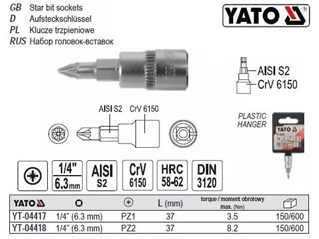 Головка торцевая 1/4' вставка PZ1 l=37 мм YATO YT-04417 - Фото 1