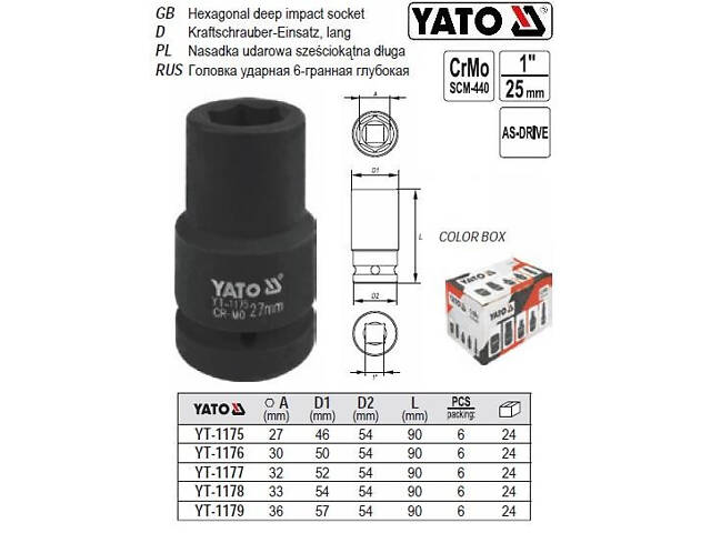 Головка торцевая ударная длинная 1' M=33 l=90 мм YATO YT-1178 - Фото NaN