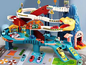 Гоночный автотрек Dino с 4 машинками и музыкальными эффектами — детский трек в стиле динозавров 57×36×29 см