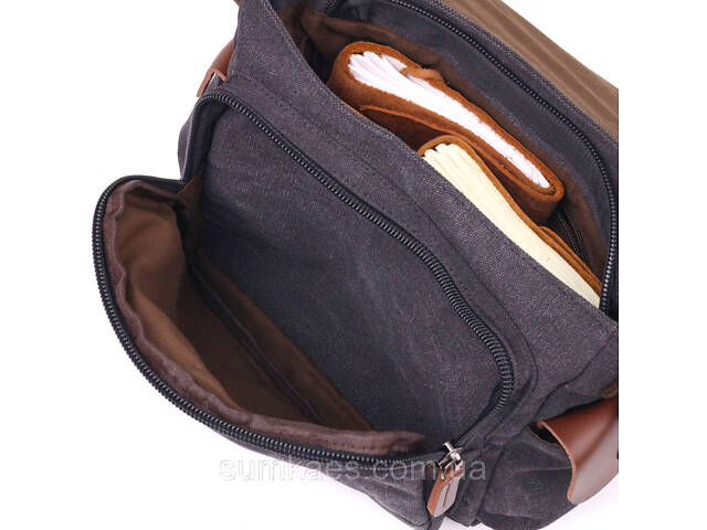 Горизонтальна чоловіча сумка з клапаном текстильна 21247 Vintage Чорна - Фото 6