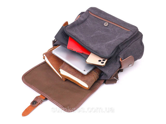 Горизонтальна чоловіча сумка з клапаном текстильна 21247 Vintage Чорна - Фото 7