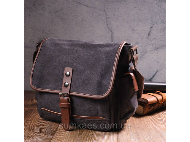 Горизонтальна чоловіча сумка з клапаном текстильна 21247 Vintage Чорна - Фото 8