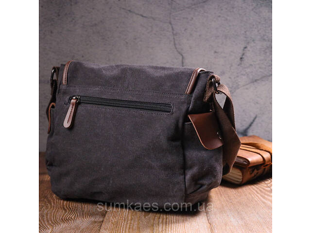 Горизонтальна чоловіча сумка з клапаном текстильна 21247 Vintage Чорна - Фото 9