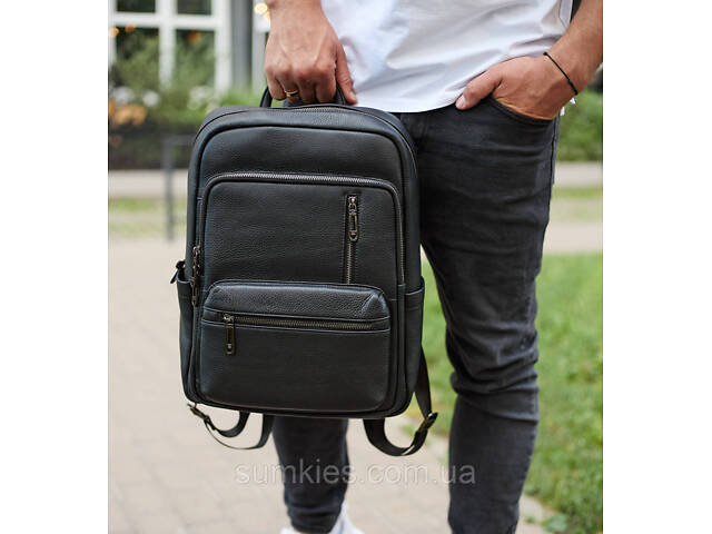 Міський чоловічий рюкзак із натуральної шкіри 40х30х18, наплічник для роботи та подорожей, чорний - Фото 2
