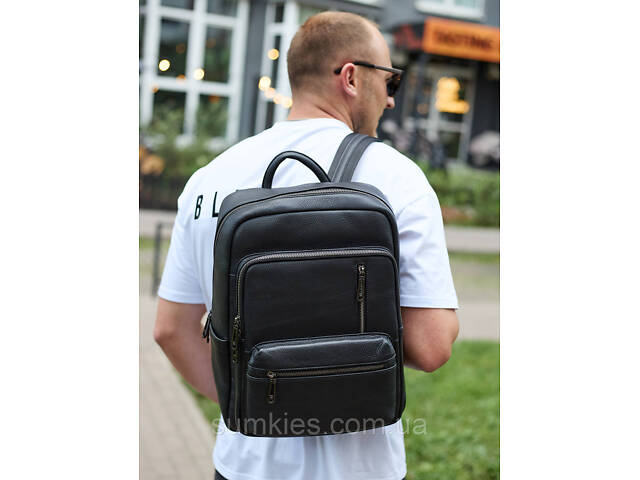 Міський чоловічий рюкзак із натуральної шкіри 40х30х18, наплічник для роботи та подорожей, чорний - Фото 3