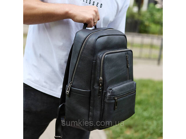 Міський чоловічий рюкзак із натуральної шкіри 40х30х18, наплічник для роботи та подорожей, чорний - Фото 5