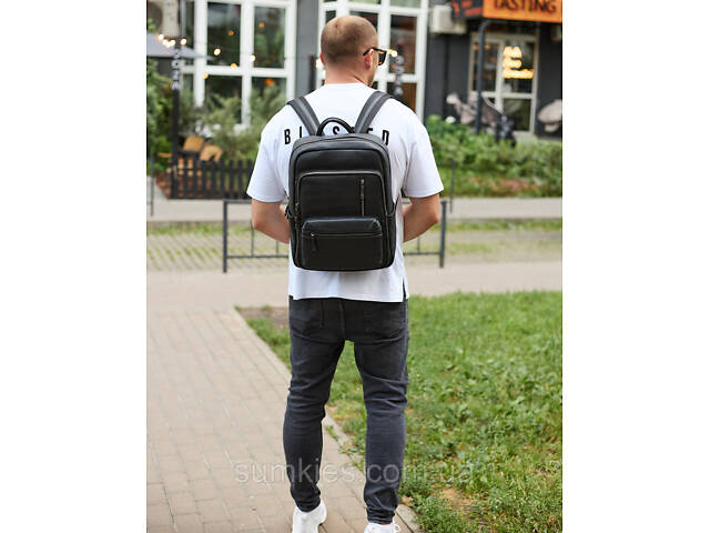 Міський чоловічий рюкзак із натуральної шкіри 40х30х18, наплічник для роботи та подорожей, чорний - Фото 7