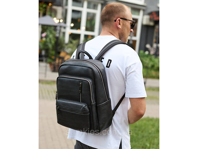 Міський чоловічий рюкзак із натуральної шкіри 40х30х18, наплічник для роботи та подорожей, чорний - Фото 8