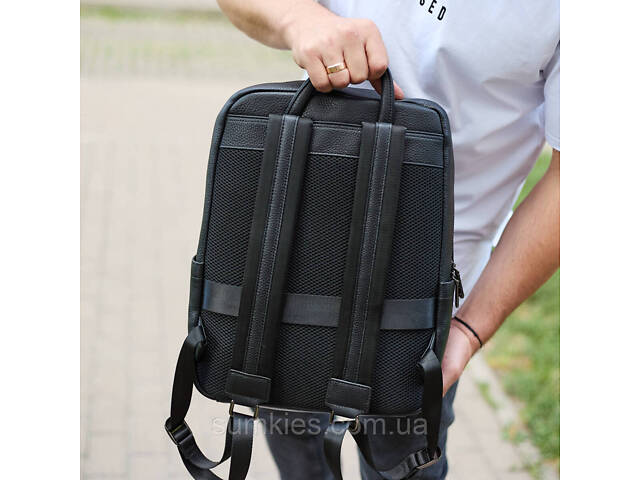 Міський чоловічий рюкзак із натуральної шкіри 40х30х18, наплічник для роботи та подорожей, чорний - Фото 9