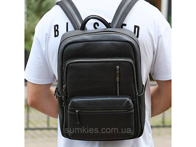 Міський чоловічий рюкзак із натуральної шкіри 40х30х18, наплічник для роботи та подорожей, чорний - Фото 1