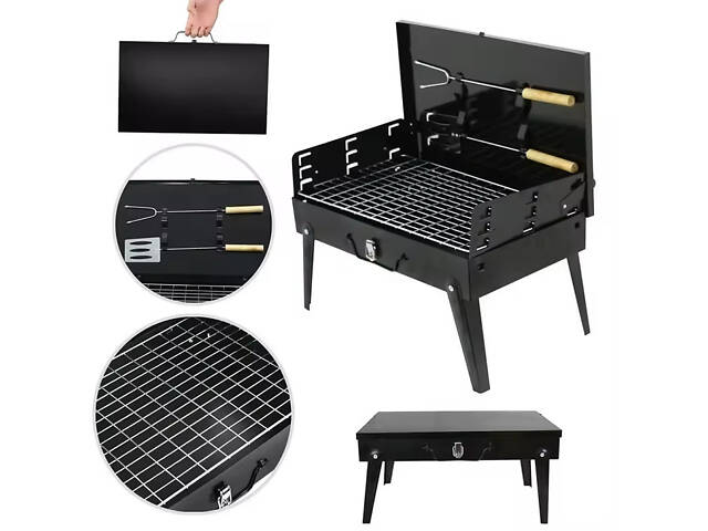 Гриль мангал раскладной Portable Barbecue Grill + решётка, лопатка и вилка - Фото 1