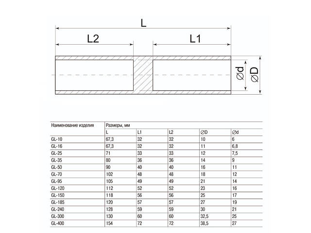 Гільза алюмінієва 95кв.мм. довжина: 105мм (1 шт.) [UGL10-095-13] GL-95 UEC - Фото 2
