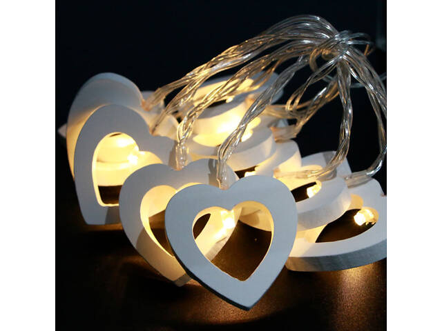 Гірлянда на батарейках дерев'яні сердечки Niki Light новорічний декор 20 лед 3 м тепло білий (Батарейки в комплекті) - Фото 1