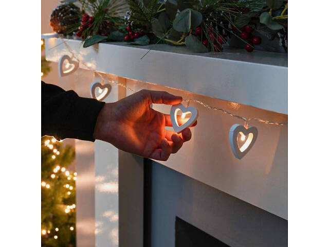 Гірлянда на батарейках дерев'яні сердечки Niki Light новорічний декор 20 лед 3 м тепло білий (Батарейки в комплекті) - Фото 8