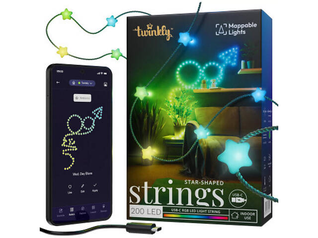 Гірлянда Twinkly Smart LED Strings USB 200 LED-лампочок у формі зірки RGB, Зелений дріт, USB-C 12м (TWKS200RGB-G) - Фото 1