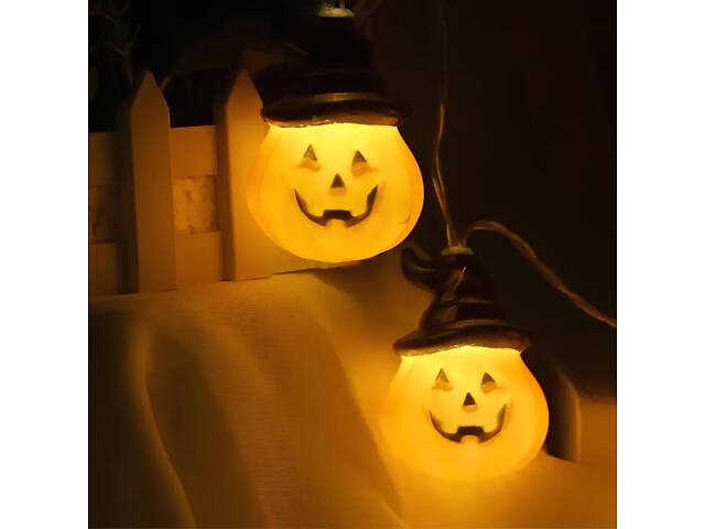 Гірлянда у вигляді Хелловінських гарбузів RESTEQ 1.5 м — світлодіодна прикраса з теплим світлом для тематичних вечірок. - Фото 1