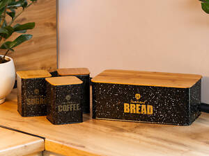 Хлебница с бамбуковой крышкой с банками для кофе чая сахара по 1 литру набор черный