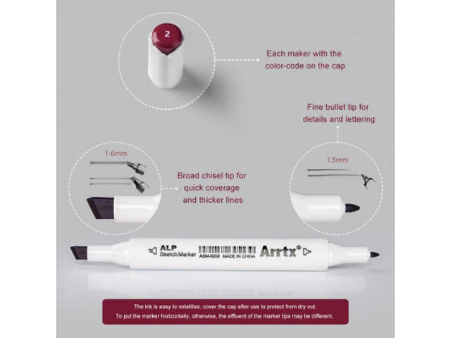 Художній маркер Arrtx Спиртові Alp ASM-02RD 24 кольори Червоні відтінки (LC302253) - Фото 3