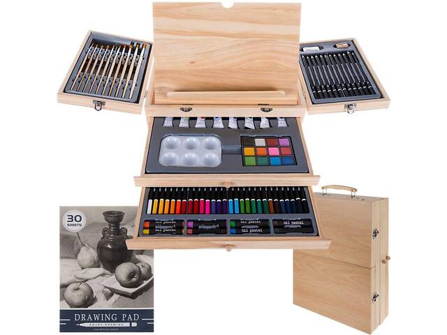 Художній набір для малювання Kruzzel 19179 (83 предмети, дерев'яна валіза, вбудований мольберт) - Фото 1