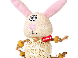 Игрушка для кошек Зайчик с плетеным мячиком и колокольчиком GiGwi Catch&amp;scratch, полиэстер, 10 см