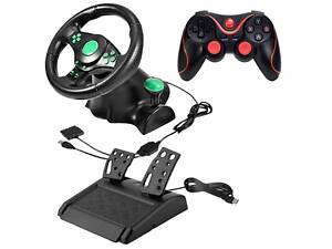 Игровой гоночный руль с педалями и коробкой передеч Fun Game Vibro Driver Wheel 23 см для PC/PS3/PS2 3в1 Черный и Беспро