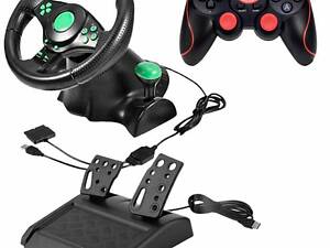 Игровой гоночный руль с педалями и коробкой передеч Fun Game Vibro Driver Wheel 23 см для PC/PS3/PS2 3в1 Черный и Беспро