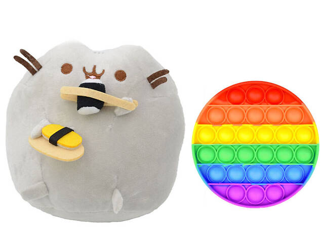 Игрушка мягкая кот с суши 18 х 15 см Пушин кэт Серый и игрушка антистресс Pop It круг (vol-1245)