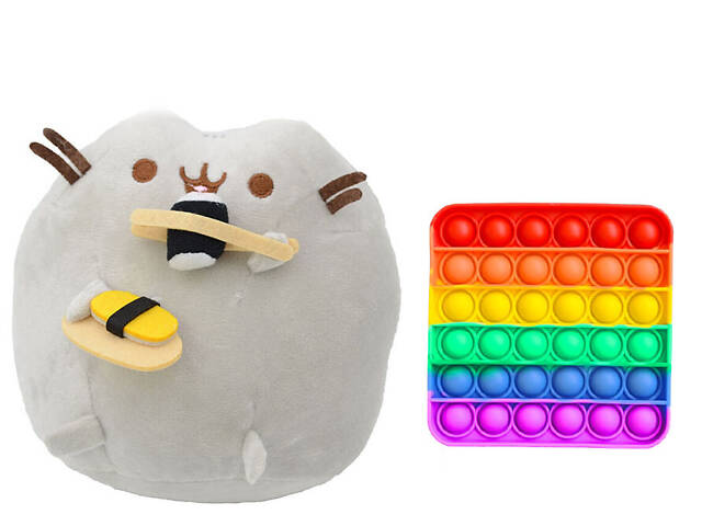 Игрушка мягкая кот с суши 18 х 15 см Пушин кэт Серый и игрушка антистресс Pop It квадрат (vol-1246)