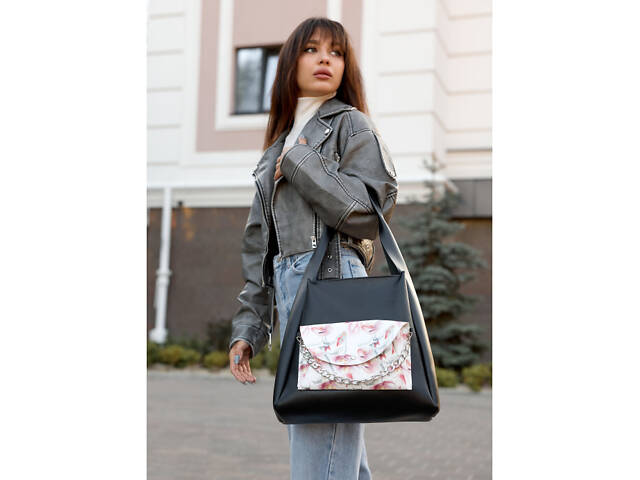 Жіноча сумка Sambag HOBO Bliss чорна принт 'Flowers' - Фото 1