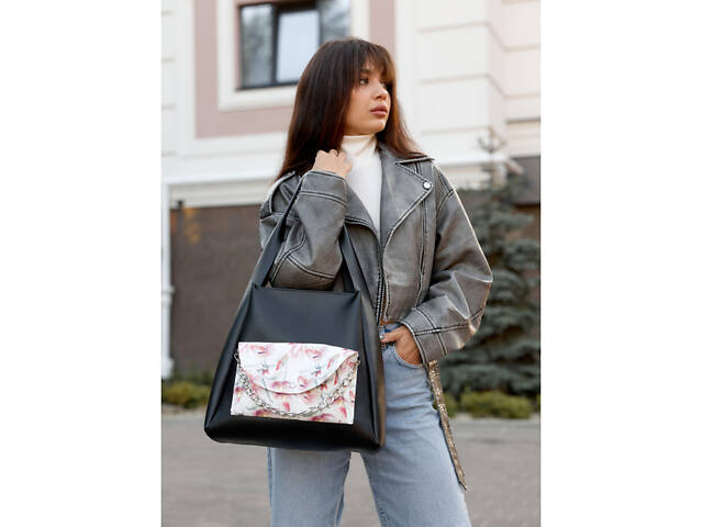 Жіноча сумка Sambag HOBO Bliss чорна принт 'Flowers' - Фото 2
