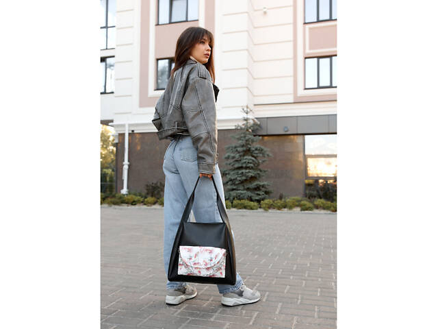Жіноча сумка Sambag HOBO Bliss чорна принт 'Flowers' - Фото 3