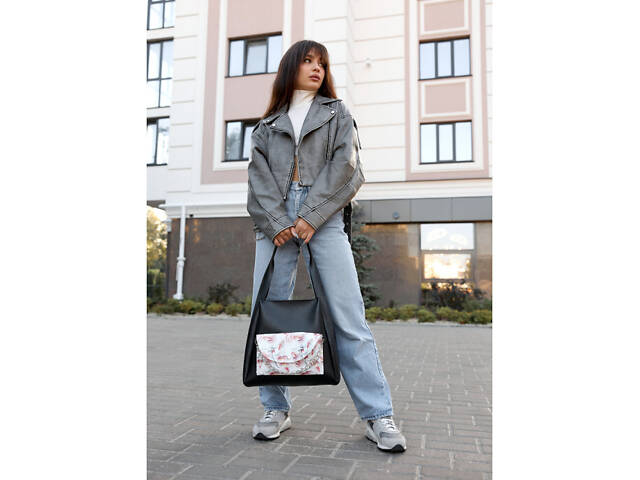 Жіноча сумка Sambag HOBO Bliss чорна принт 'Flowers' - Фото 7